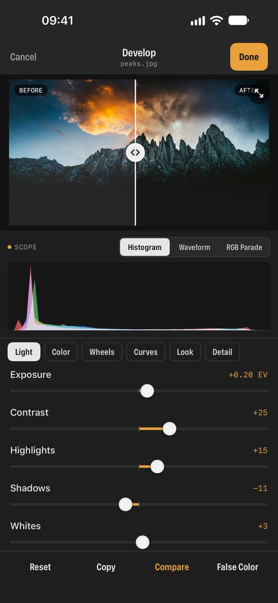 SEshot Develop screen with a before and after split of a mountain photo and a histogram