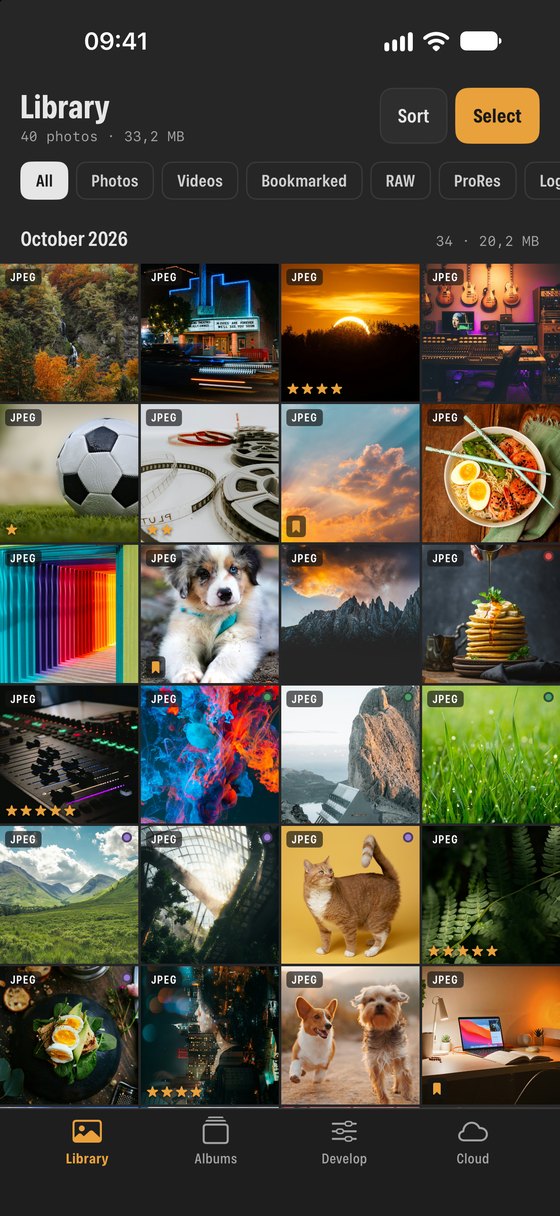 SEshot library grid with filters for photos, videos, RAW and ProRes